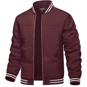 Men's Red Lightweight Casual Spring Fall Zip Up  Bomber Jacket with Pocket